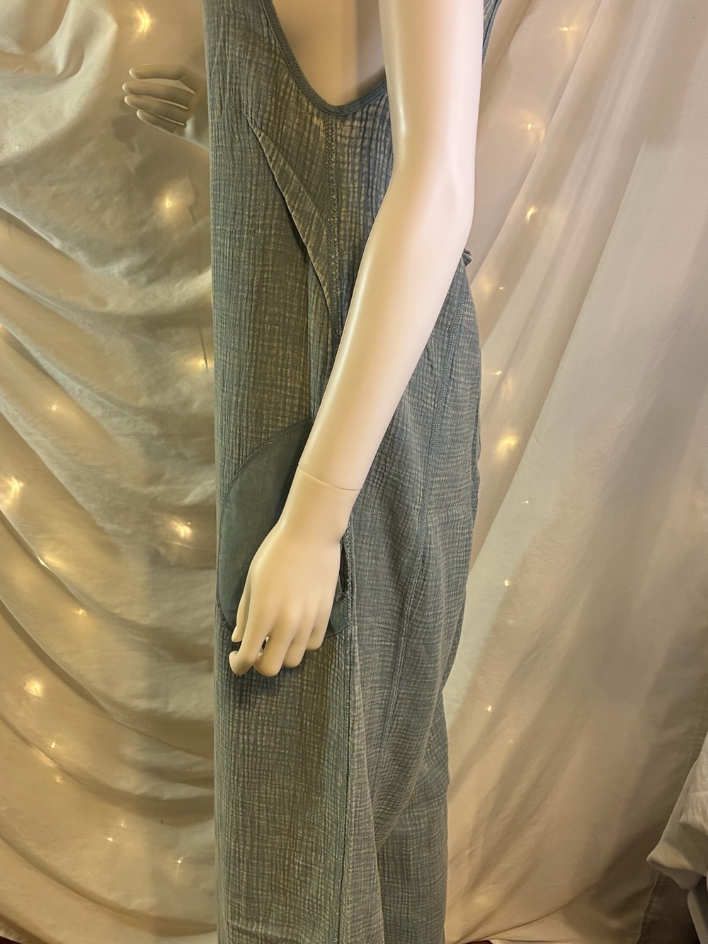 Zenana Dusty Blue/Cream Wide-Leg Square-Neck Jumpsuit (display small) - Picture 9 of 11